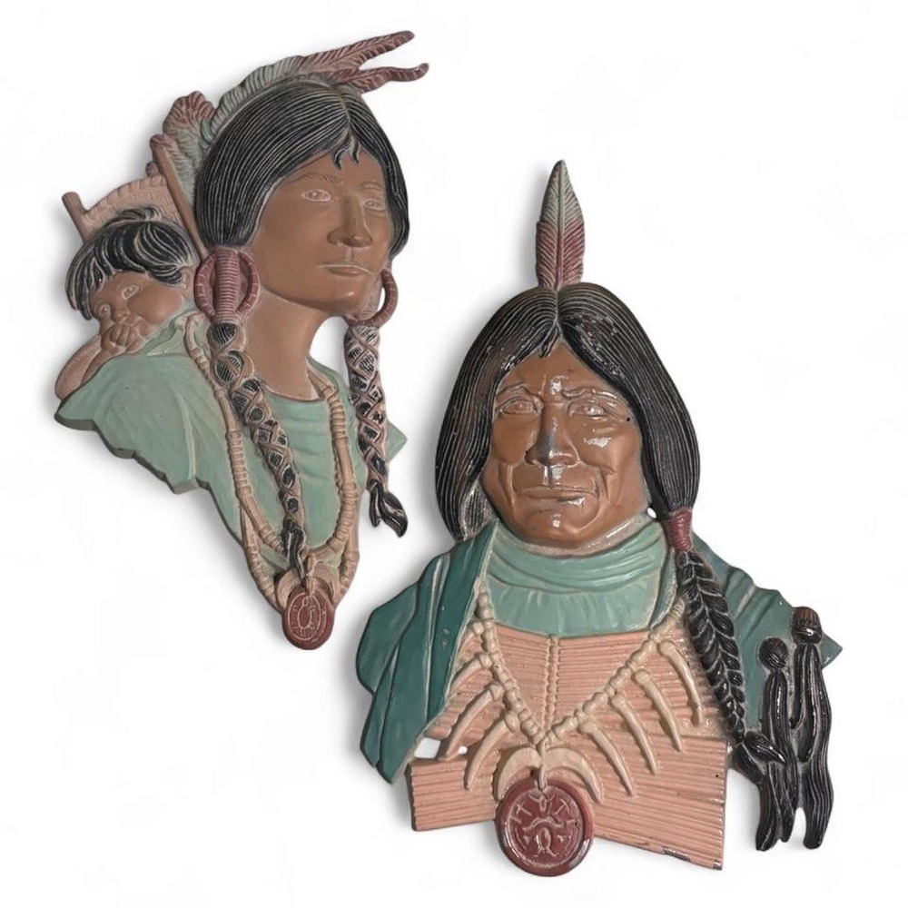 Vintage Sexton Native American Style Wall Plaque Pair Mid Century Cast Metal